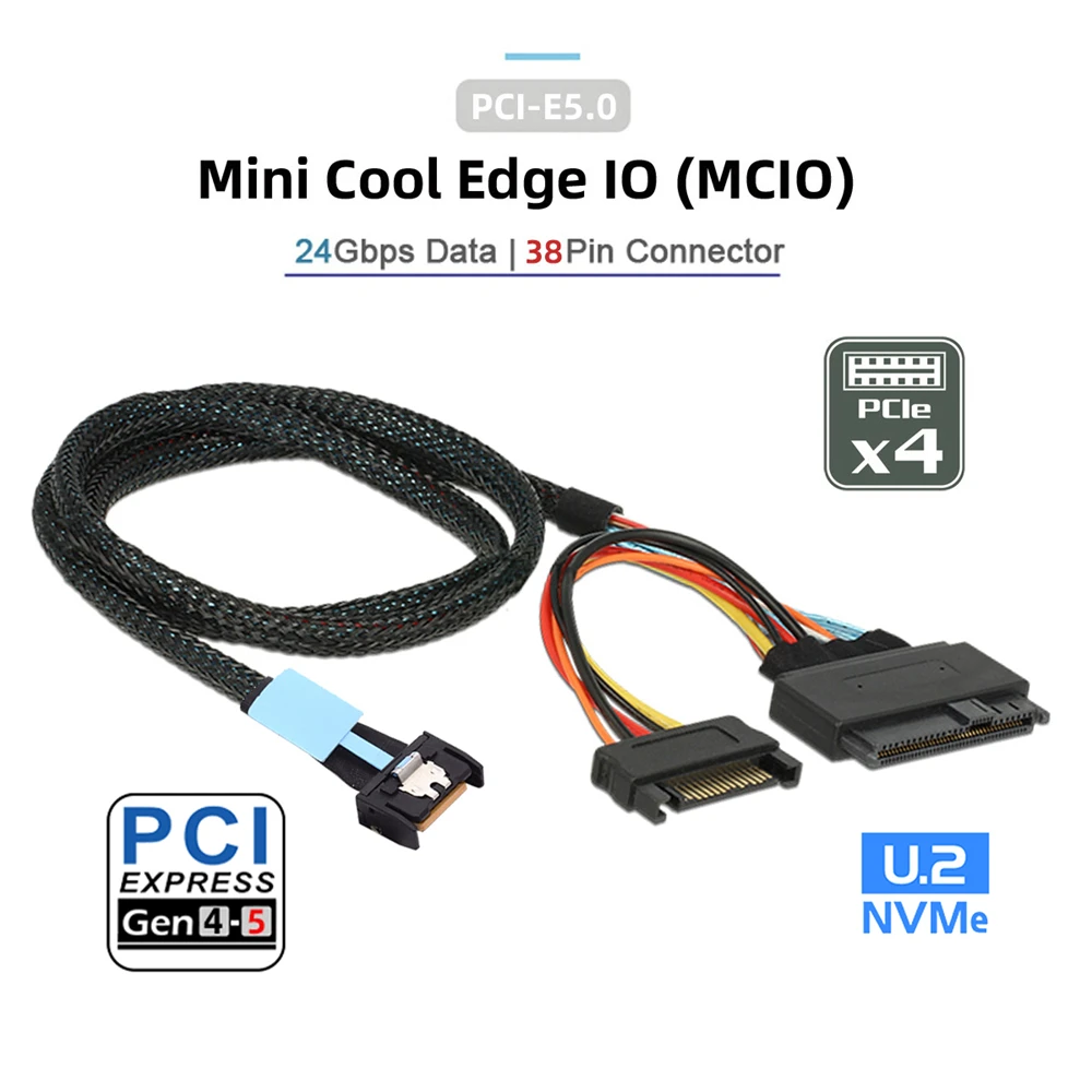 ChenYang PCI-E 5.0 MCIO 4X 38Pin SFF-TA-1016 to U.2 SFF-8639 Cable with SATA Power 0.5M