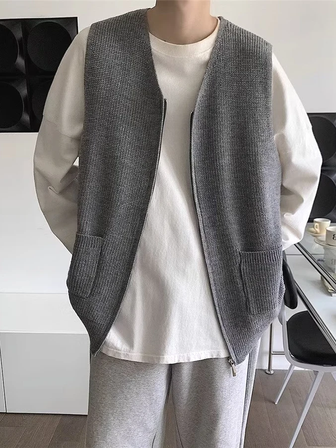 

Мужской вязаный шерстяной жилет с V-образным вырезом на молнии, мягкий теплый повседневный модный жакет из овчины с двойными карманами