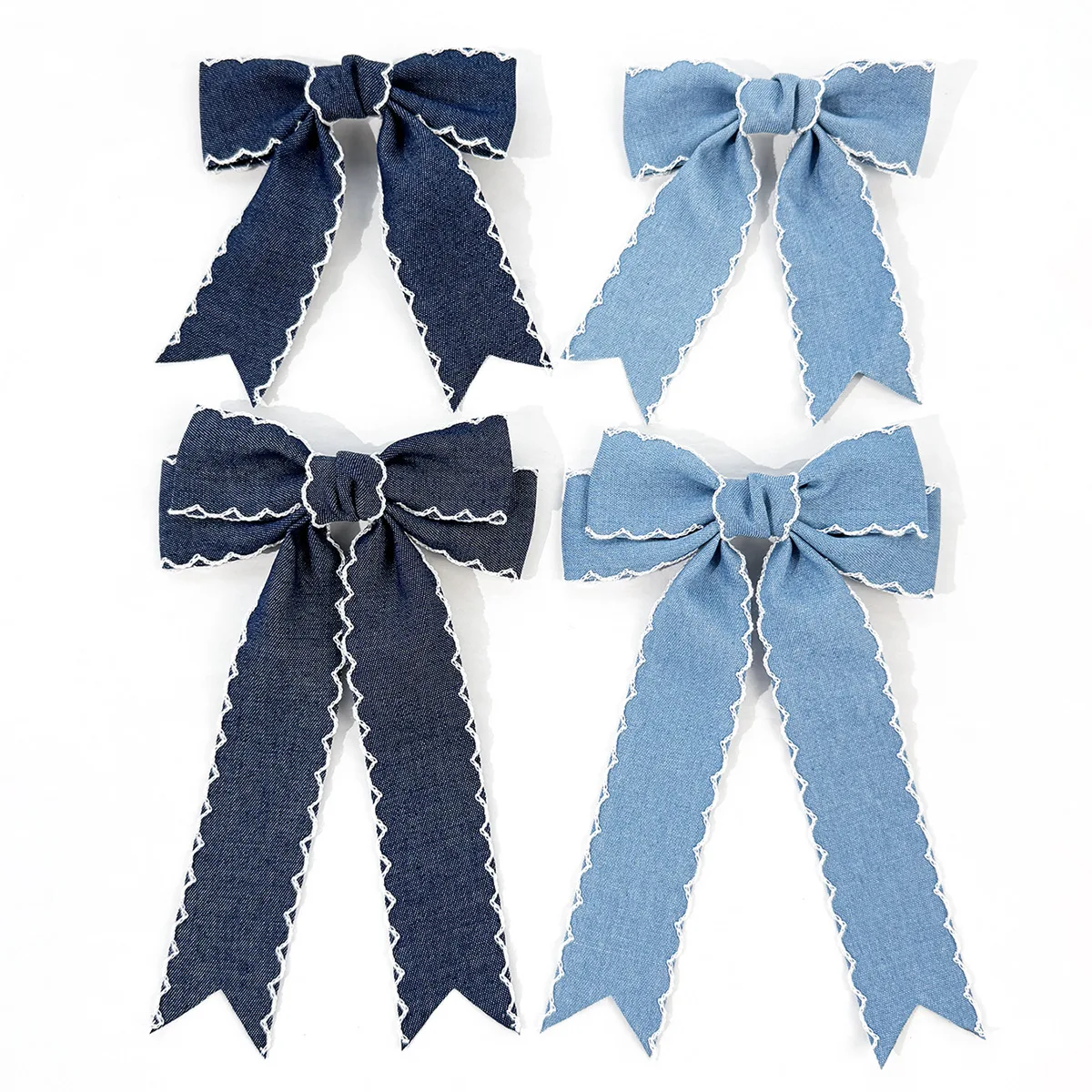 30pc Denim Blue Fabric Hairgrips Long Tassel Frill Edge Locked Side Clips for Women Girls Kid Headwear Hair Accessories Bulk
