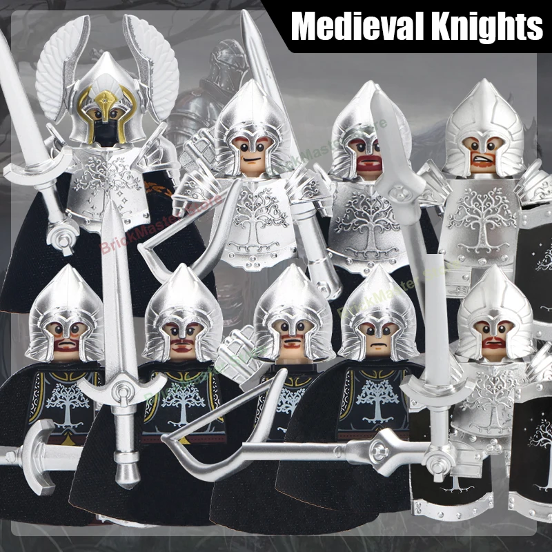 Image of Mittelalterliche Burg Soldat Ritter Figuren Bausteine Schwertkämpfer Kapitän Bogenschütze Speer Infanterie Rüstung Helm Bogen Schwert Ziegel Spielzeug