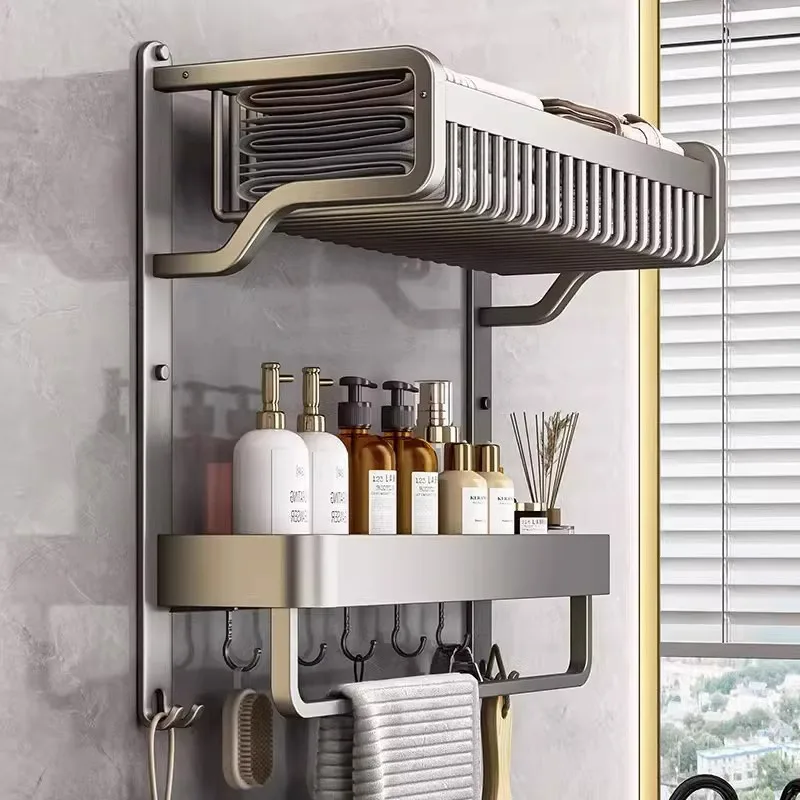 2-Layer Bathroom Multifunctional Towel Bar Towel Rack Aluminum Multi-Layer Wall-Mounted Storage Space Bathroom Accessories