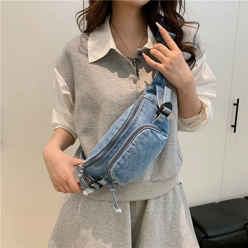 

Джинсовая нагрудная сумка для девочек — женская поясная сумка в стиле ретро с вместительностью XL, сумка через плечо 4-в-1 для повседневного использования на открытом воздухе