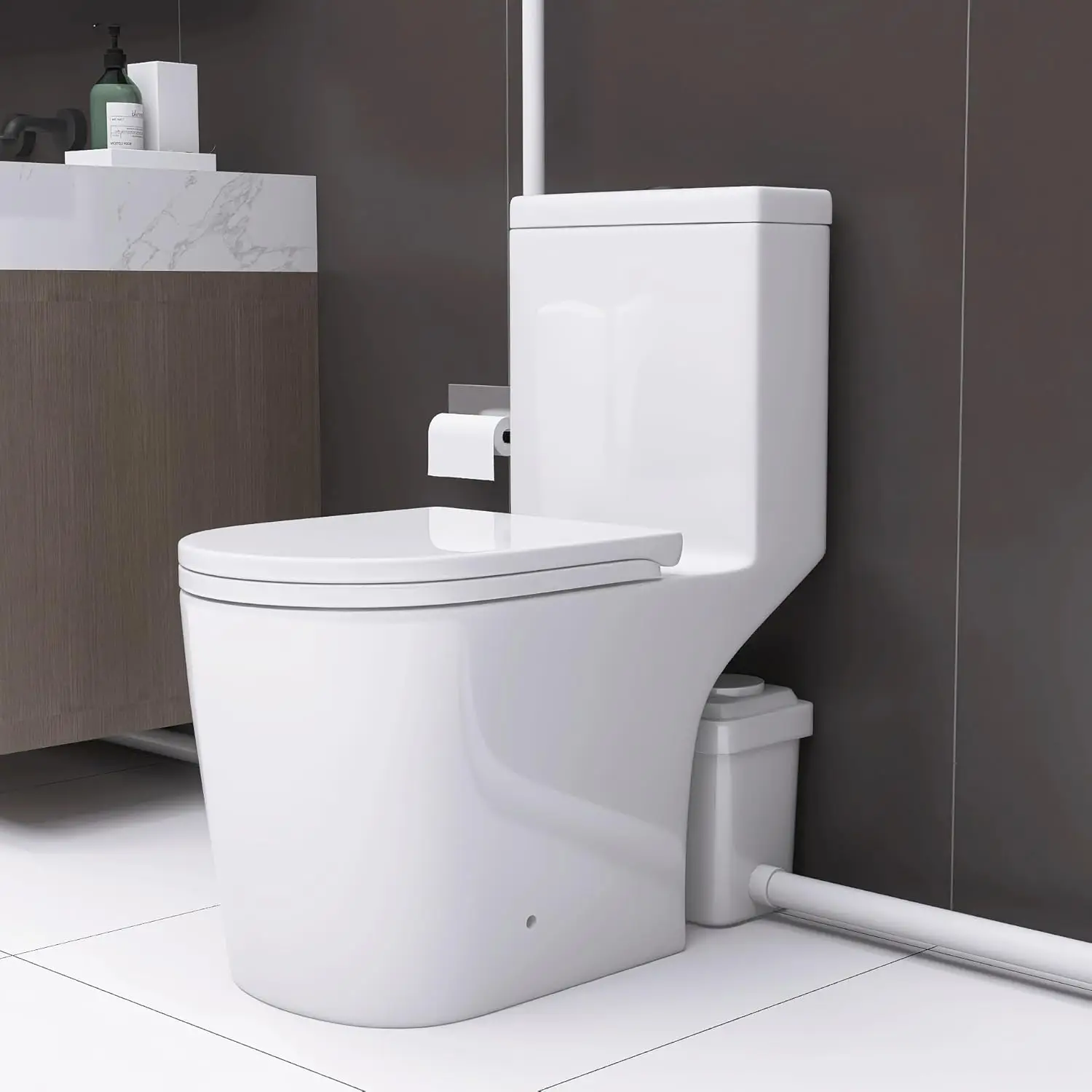 

Macerating Toilet System With 600W Pump For Basement,Comfort Elongated Seat,Powerful Upflush One Piece Toilet With, Customized