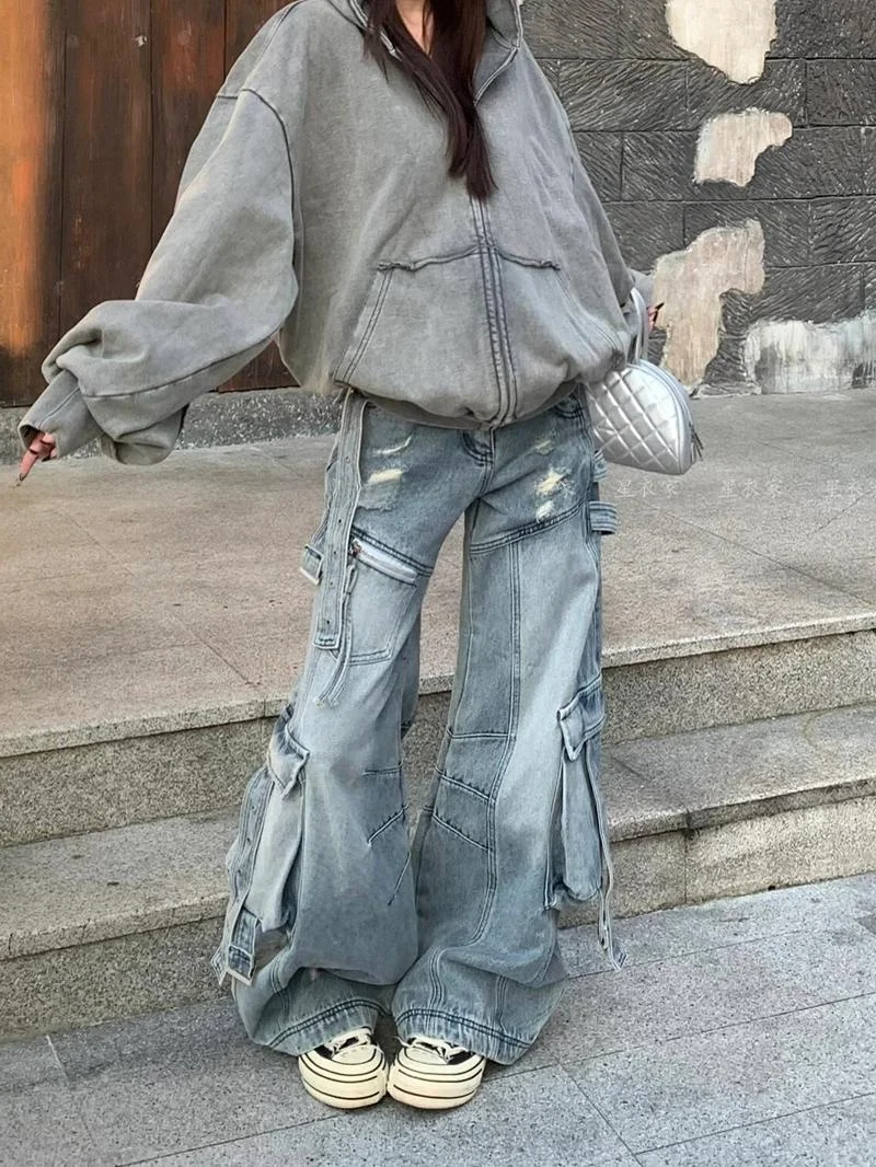 

Retro American Washed Work Pants Women Summer Spicy Design Heavy Duty Multi Pocket Floor Length Jeans Pure Color Natural Waist