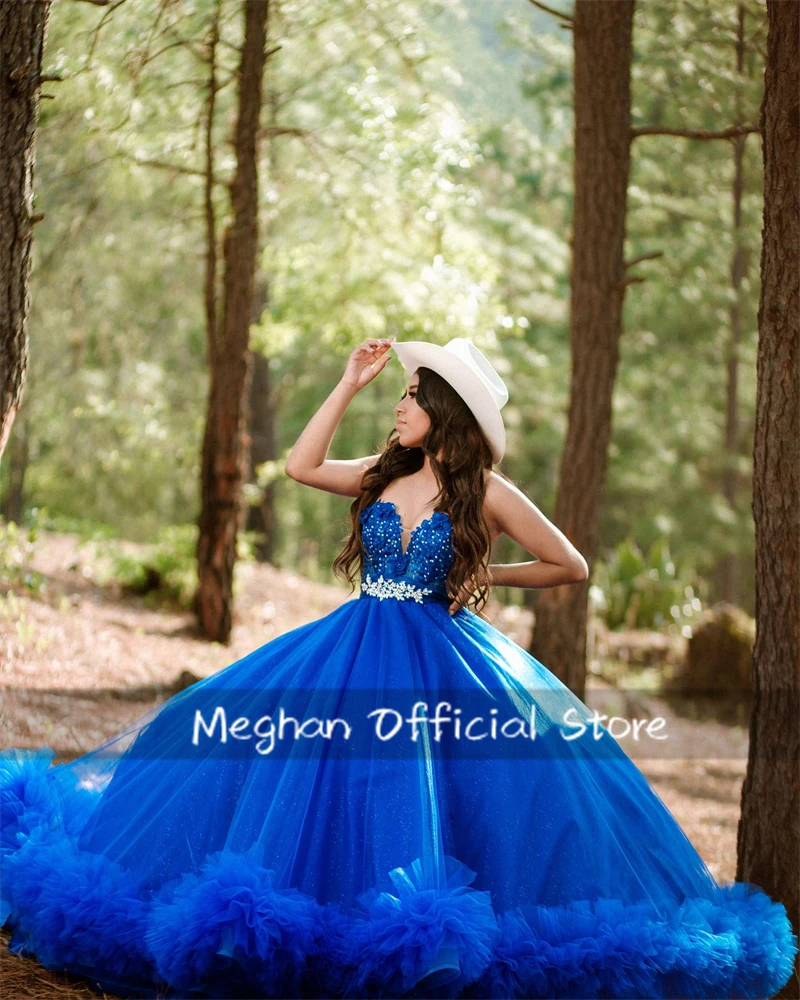 Vestidos de quinceañera con hombros descubiertos, color azul real de México, apliques de cuentas, vestido de lujo para cumpleaños de 2025, vestido con volantes, dulce 15 personalizado