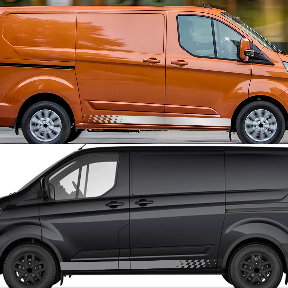 Gradient Checkered Racing Side Stripes Vinyl Sticker For Ford Transit Custom 2013‑2023 Van, PVC Self‑Adhesive Waterproof Decals