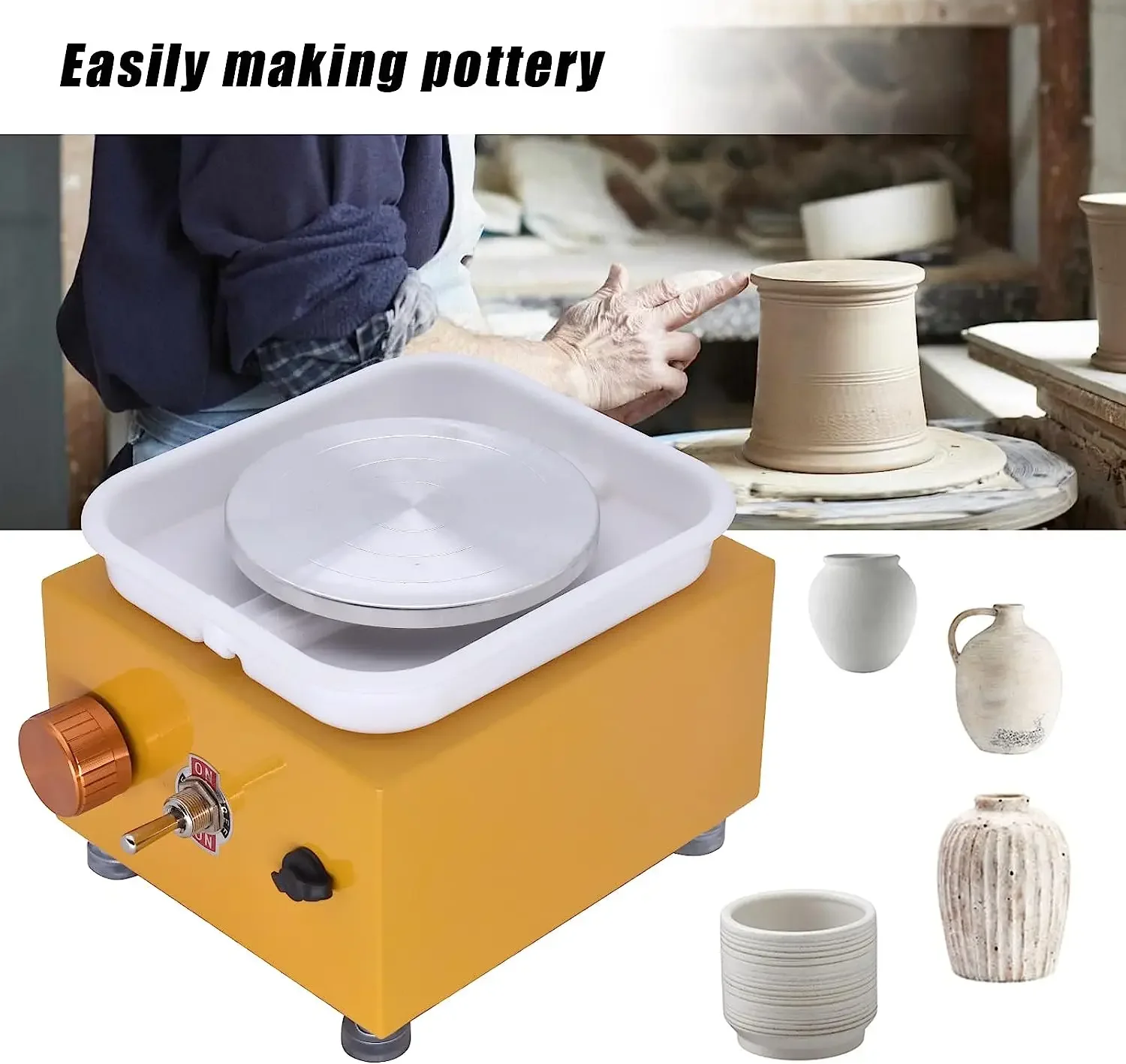 US Plug Mini Electric Pottery Wheel Machine, 10CM DIY Ceramic Adjustable Speed Pottery Wheel for Kids with Detachable Basin