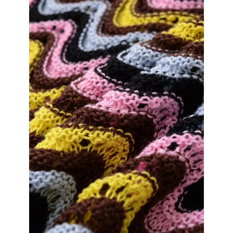 Vestido camisola de punto bohemio para mujer, minivestido Sexy con estampado de ondas y cuello en V profundo, colorido, para vacaciones en la playa, moda 2025