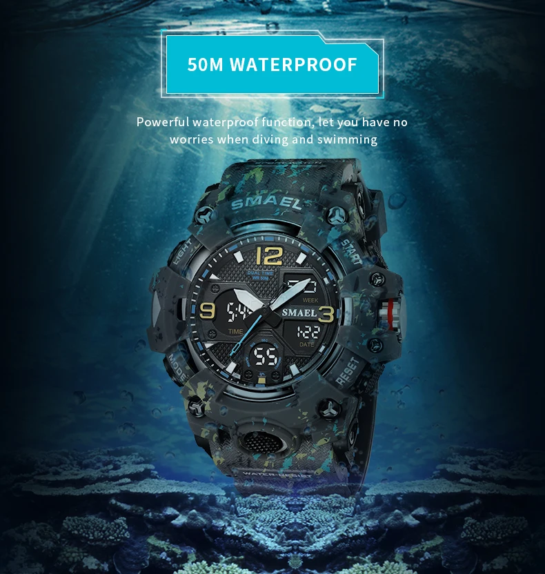 SMAEL Brand Men Sports Watches Dual Display Analog Digital LED Electronic Quartz Wristwatches Waterproof Swimming Military Watch