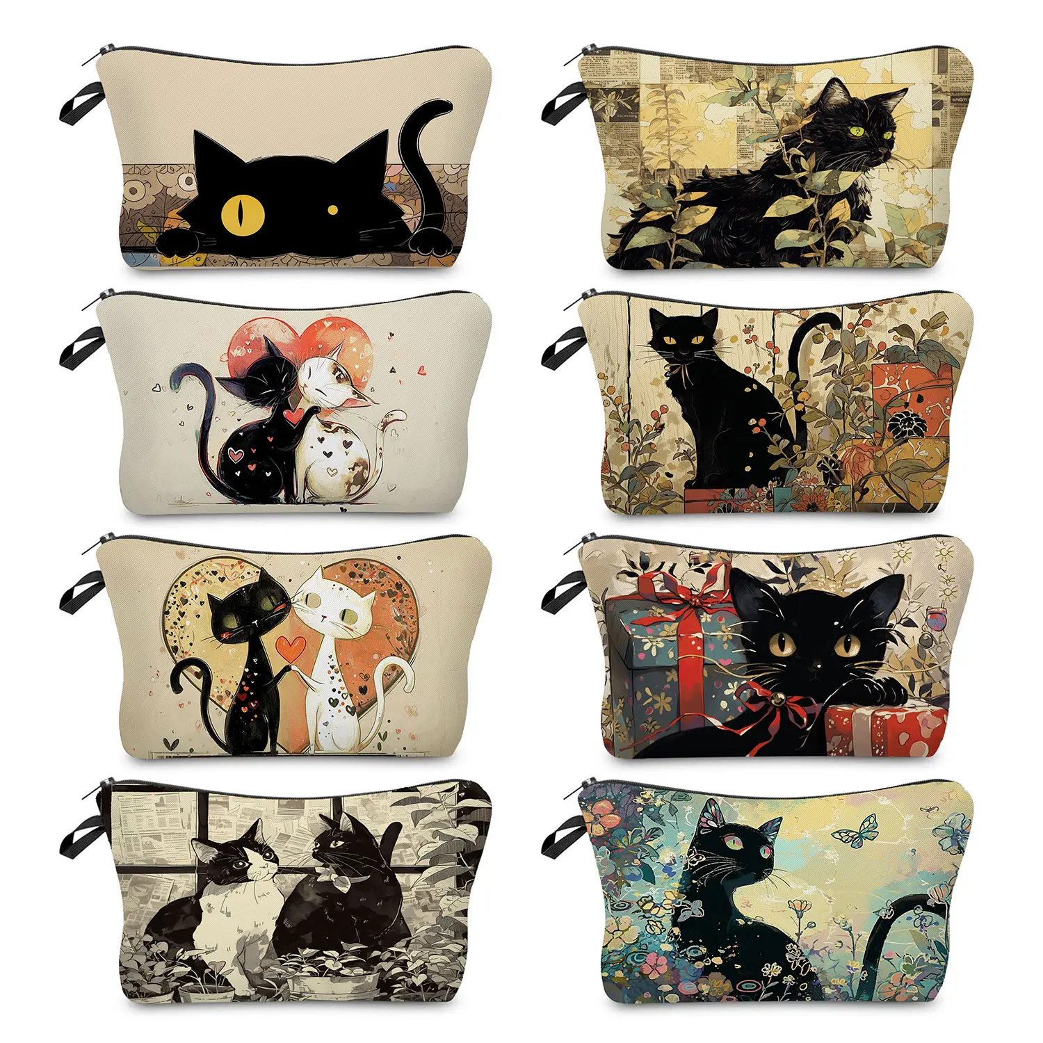 Black Cat Print Makeup Bags Travel Portable Storage Bags Casual Kawaii Animal Double Sided Printing Zipper Women Cosmetic Bags