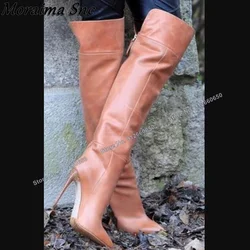 Moraima Snc Solid Pointed Toe Back Zipper Boots for Women Knee High Boots Stilettos High Heels Fashion Runway Shoes on Heels