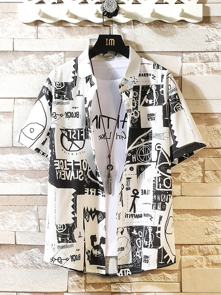 

Retro Japanese Print Men's Short Sleeve Shirt Summer Trendy Brand High-End Feeling Handsome Seven-Quarter Length Shirt Vintag...