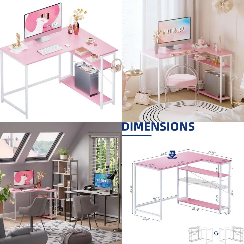

43 L-Shaped Desk with Reversible Shelves for Small Home Office, Compact Corner Writing Table in Pink and White