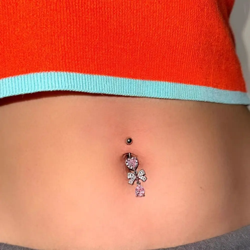 

Personality Stainless Steel Zircon Navel Ring Bow Crystal Body Piercing Jewelry Piercing Punk Heart Belly Button Ring Gift