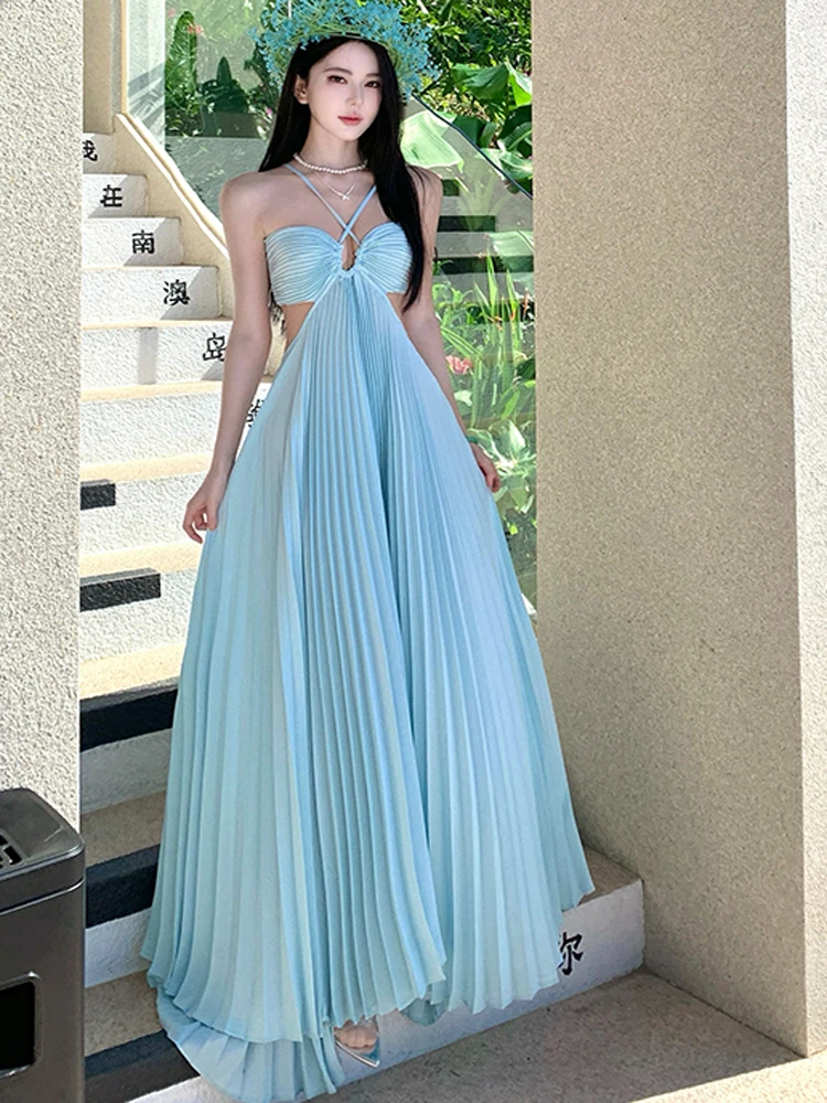 レディースボヘミアンロングプリーツドレス女性の夏のエレガントなセクシーなオフショルダーバックレススリムホリデーパーティードレス Vestidos