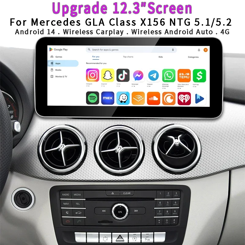 Mercedes GLA Class X156 12.3'' Screen Upgrade NTG 5.1/5.2 Apple CarPlay Wireless Android Auto Mirror Full Screen Android App Int