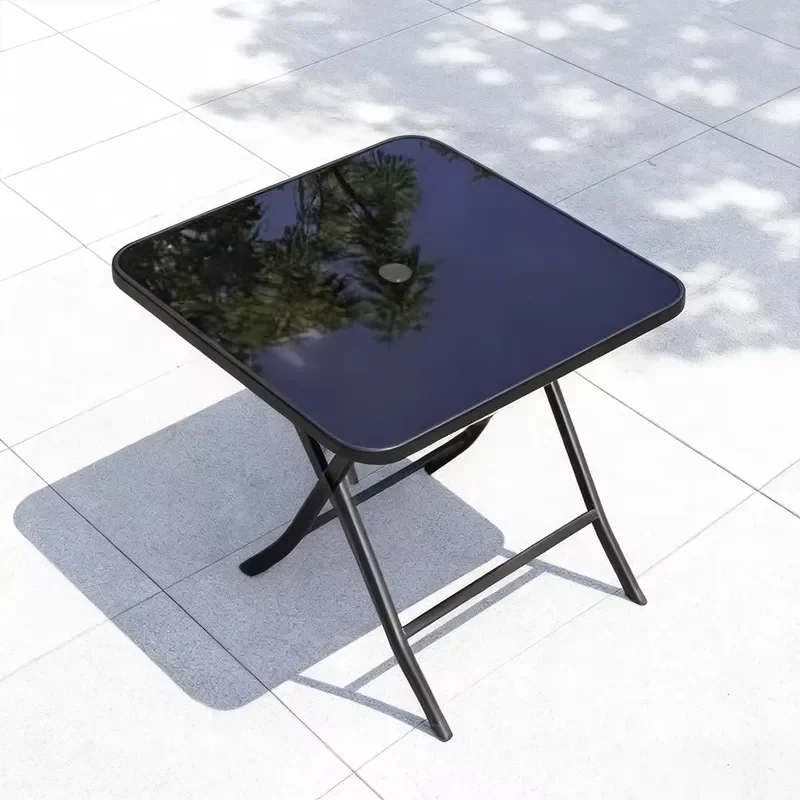 Wholesale diameter 60cm tempered black silk screen glass desktop black corrugated pattern folding square table
