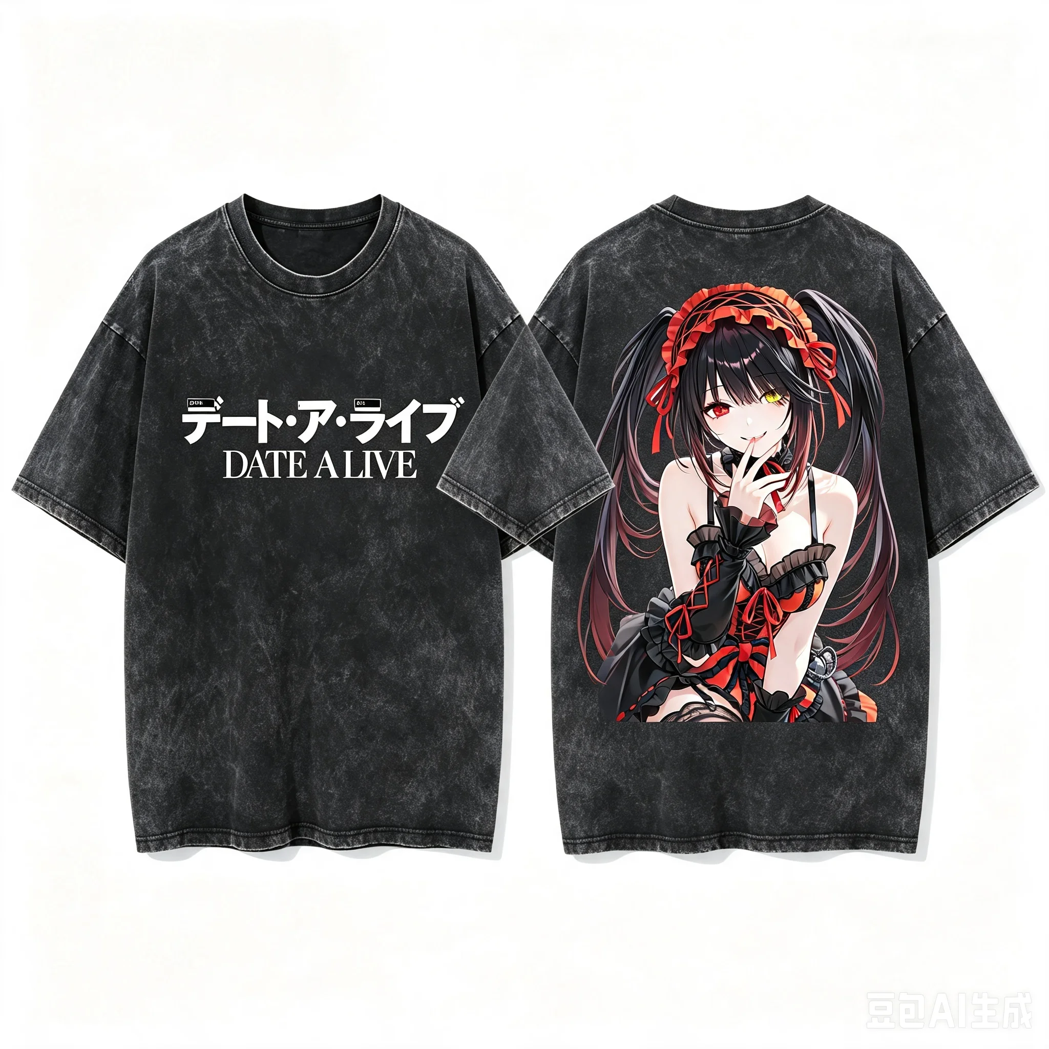 Kurumi Tokisaki Date A Live Gothic Outfit T-Shirt mit Rückendruck, gewaschenem Rundhalsausschnitt und kurzen Ärmeln für Damen und Herren, bequemes T-Shirt – Detail 3