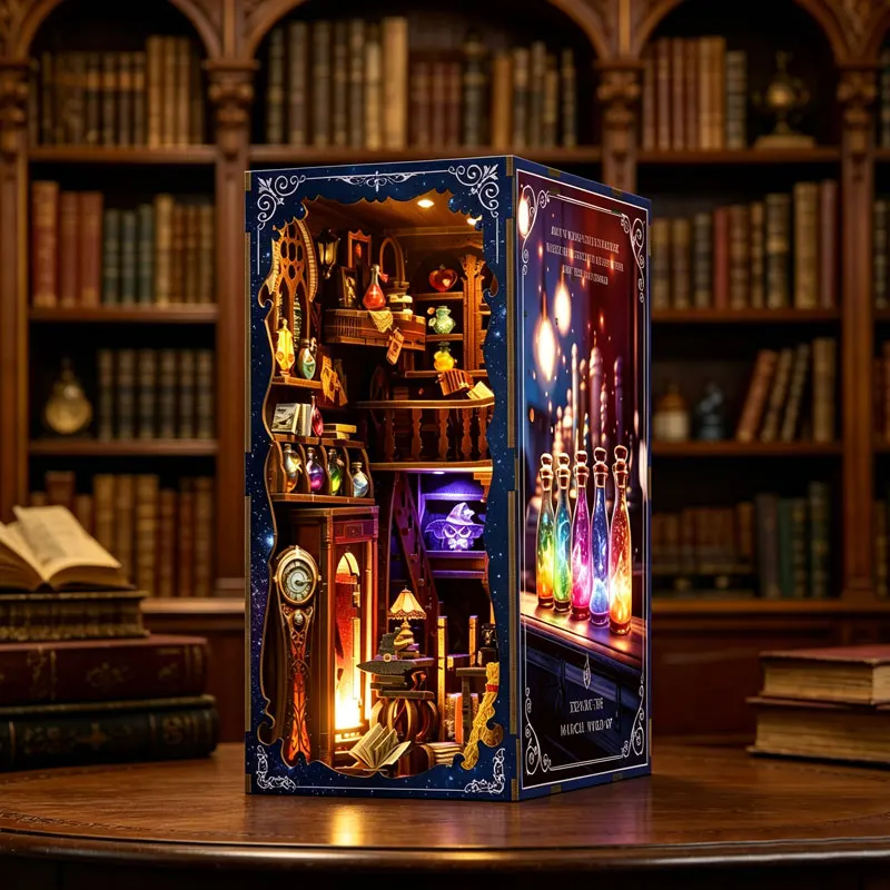 

Zuuton Двусторонний Магический Книжный Уголок Деревянный DIY 3D Пазл Миниатюрный Дом С LED Подсветкой Декор Полки Подарок Книголюбам