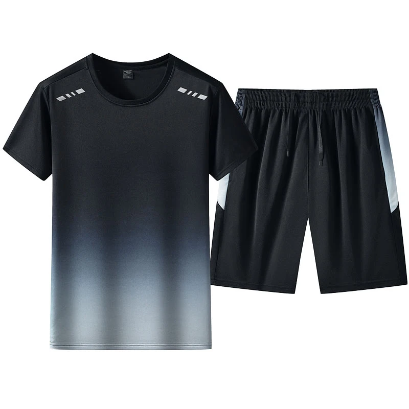 Summer Men 2‑Piece Sports Outfit Gradient Short Sleeve T‑Shirt+Elastic Waist Shorts Quick Dry Breathable Jogging Running Trainin