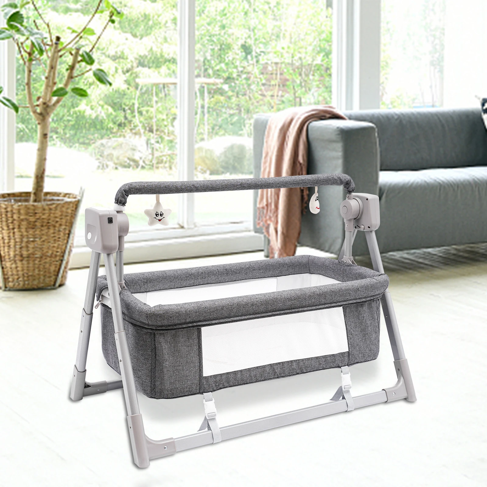 Portable Baby Bassinet with Bluetooth Connectivity, Adjustable Speeds, Safe Mattress, Foldable Frame for Easy Storage