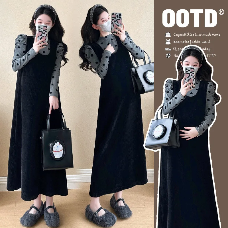 

2025 Elegant and Exquisite Pregnancy Two Piece Dress Set Maternity Outfit Spring Autumn Dotted Top Pinafore Dress French Elegant