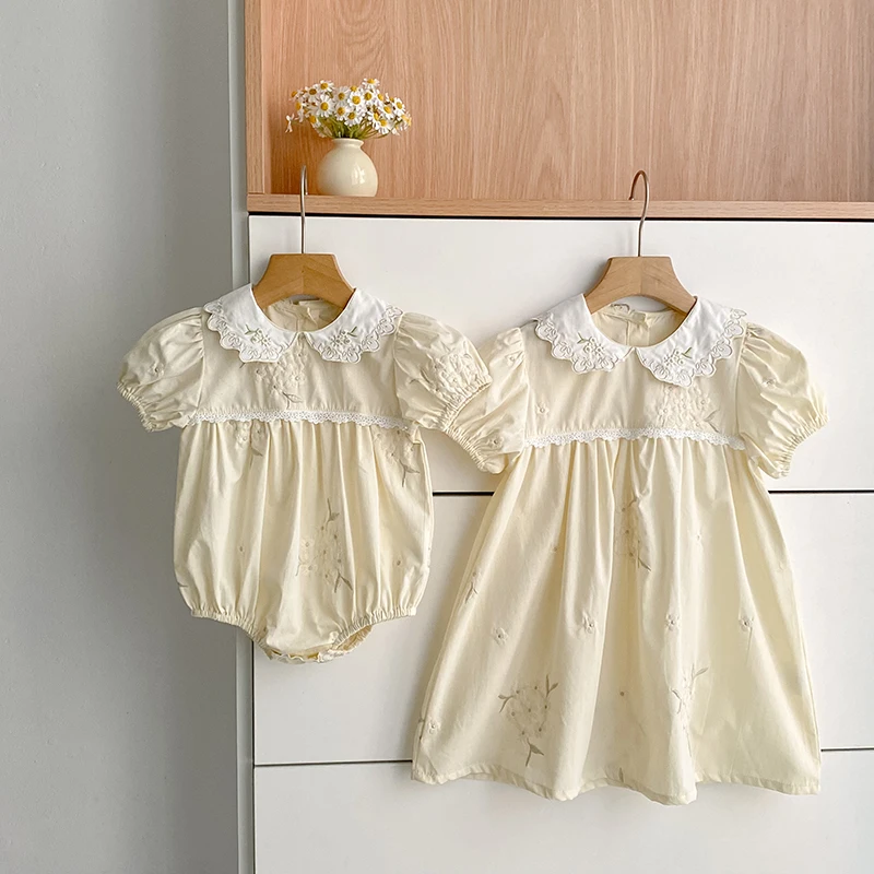 2026 Summer New Baby Girl Romper 0-24M Girls Baby Princess Sweet Bodysuit Girls 2-6Yrs Girl Short Sleeved Dress Sisters Dress