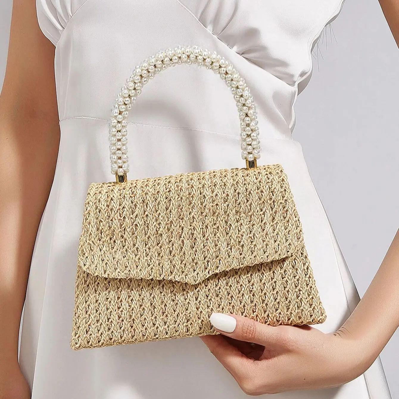 

Beach Women Evening Bags Pearl Cover Straw Clutch Bags With Shoulder Chain Small Handbags For Summer Lady Purse