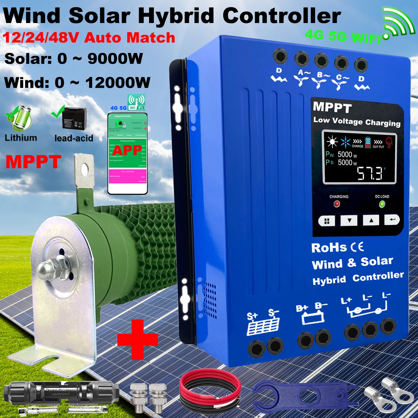 12V 24V 48V 4000W 5000W 6000W 8K MPPT Hybrid Wind Solar Charge Controller LCD Display WIFI Regualtor For Lifepo4 Lithium battery