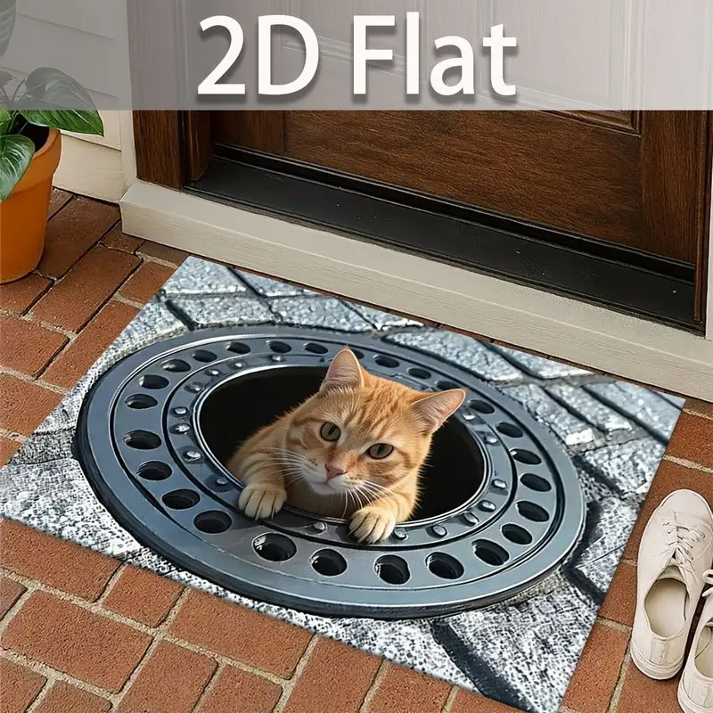 VIKAMA Orange Cat 3D Manhole Door Mat Funny Animal Welcome Rug For Entryway Front Door Porch Indoor Outdoor Pet Lover Decor