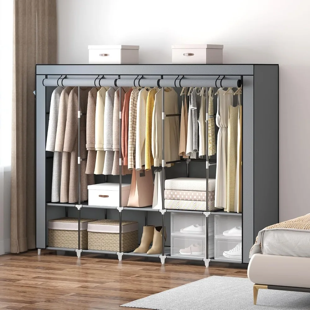 

83" Portable Closet Wardrobe with Non Woven Cover and 4 Side Pockets, 5 Rails, 10 Shelves - Grey Clothes Storage Organizer