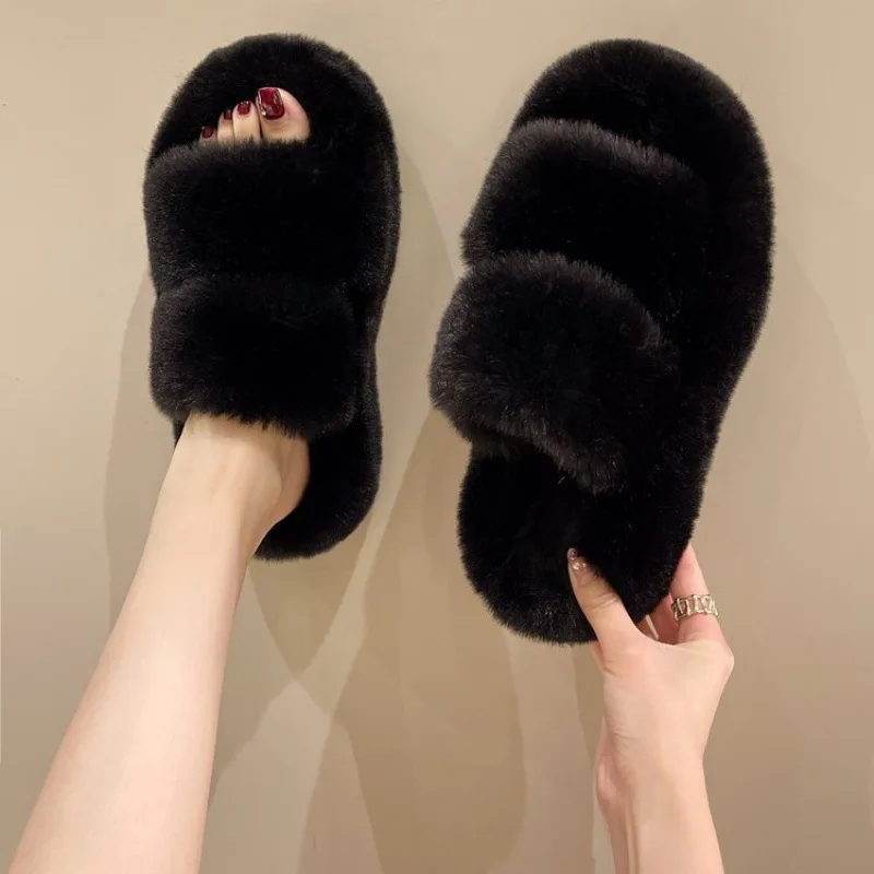 Winter Fluffy Flat Platform Slippers Women 2024 New House Home Fur Slippers for Women Home Anti Slip Cozy Indoor Shoes