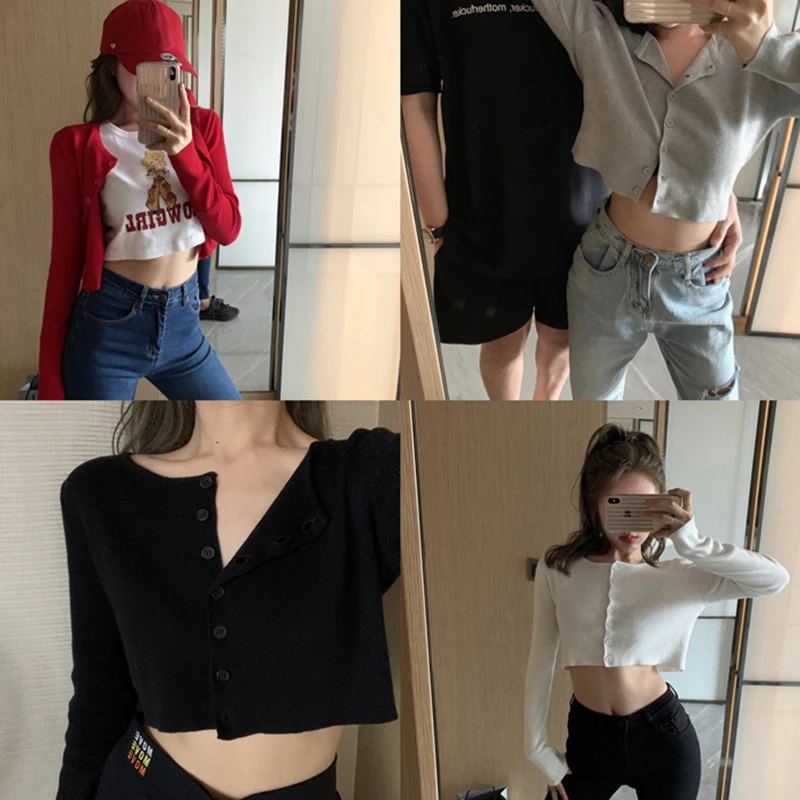 Autumn Hotsweet Knitted Cardigan Women Solid Color Long Sleeve Slim Short Knitwear Fit Small Jacket Knitted Top