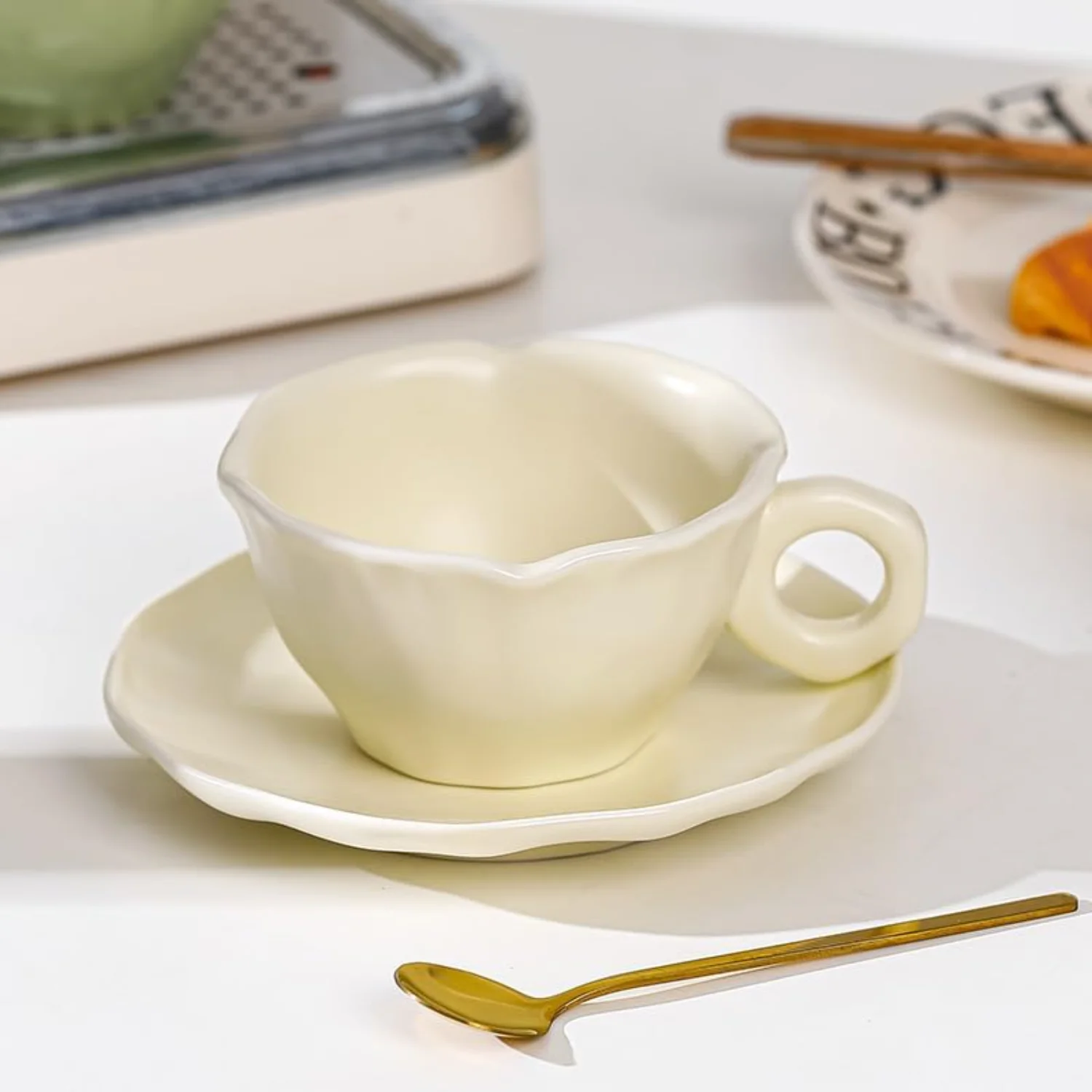 

Ceramic Coffee Cup and Saucer Set, Espresso Cute Solid Round Ear Mug for Office and , Dishwasher and Microwave Safe, 8.5 oz/250