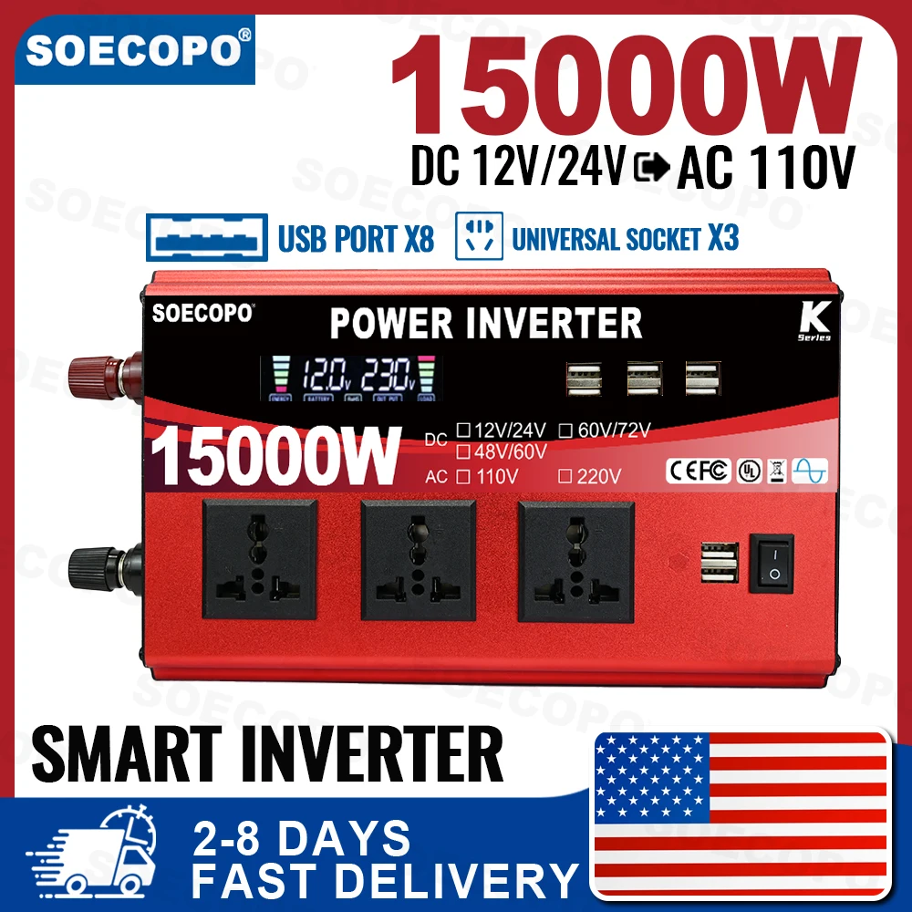 

(U.S Stock 2-8 Days) 15000W Solar - Ready Current Inverter 8 USB Ports 3 Universal Sockets Dual Input DC to AC 110/220V Home RV