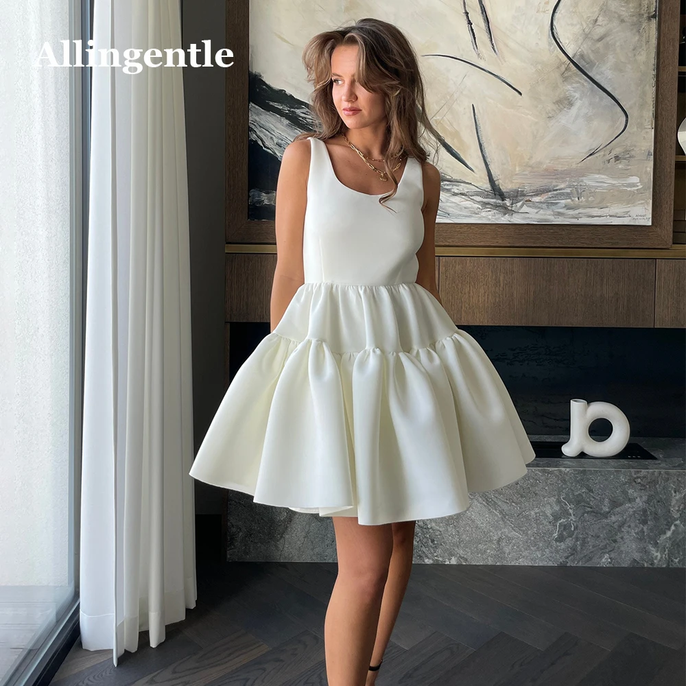 

Allingentle Simple White Scoop Neck Sleeveless Short Homecoming Dresses A-Line Ruffles Cocktail Party Gowns Vestidos De Fiesta