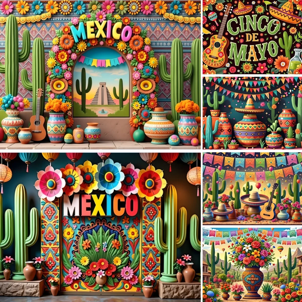 Mexico Fiesta Photography Background Cactus Straw Hat Guitar Flowers Wall Kids Adult CINCO DE MAYO Birthday Party Photo Backdrop