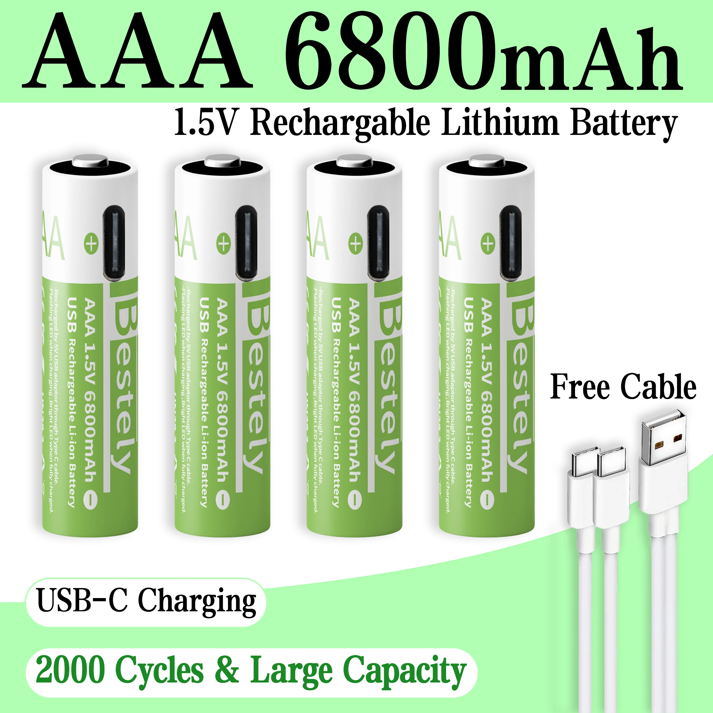 Batería recargable de iones de litio AAA de 1,5 V mejorada | 6800mAh | Cable tipo C, más de 2000 ciclos, protección de seguridad equipada de triple capa