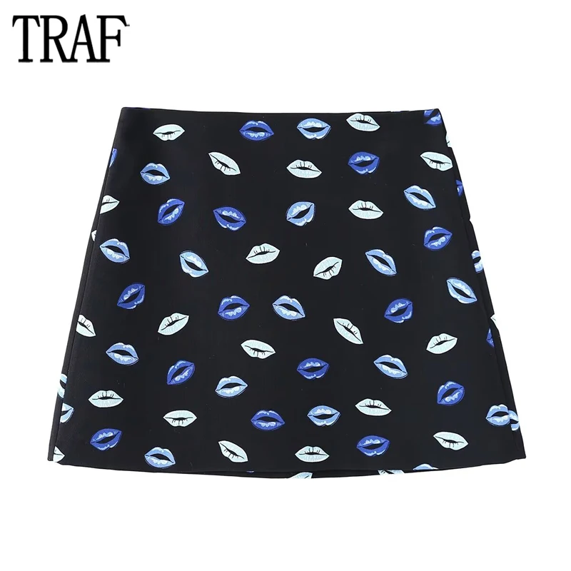 TRAF 2024 Print Mini Skirts for Women High Waist Pleated Skirt Women Contrast Short Women\'s Skirts Streetwear Retro Skort Women