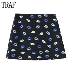 TRAF 2024 Print Mini Skirts for Women High Waist Pleated Skirt Women Contrast Short Women's Skirts Streetwear Retro Skort Women