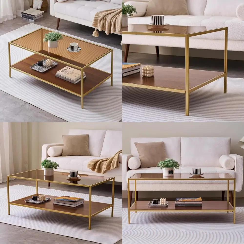 

Mid-Century Modern 2-Tier Walnut Coffee Table with Amber Glass Top for Living and Bedroom Spaces