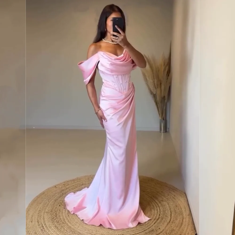 

Customized Charmeuse Pleat Beading Off-the-shoulder Charming Mermaid Floor-length Bespoke Occasion Dresses Elegant Party Wedding