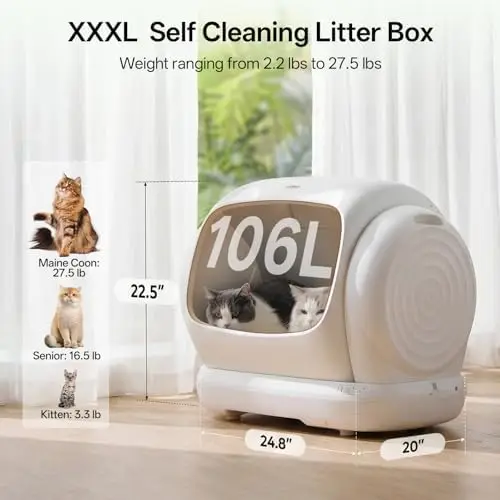 Self Cleaning Litter Box for Multiple Cats, 106L Automatic Cat Litter Box with App Control, Odor Control, Anti-Pinch