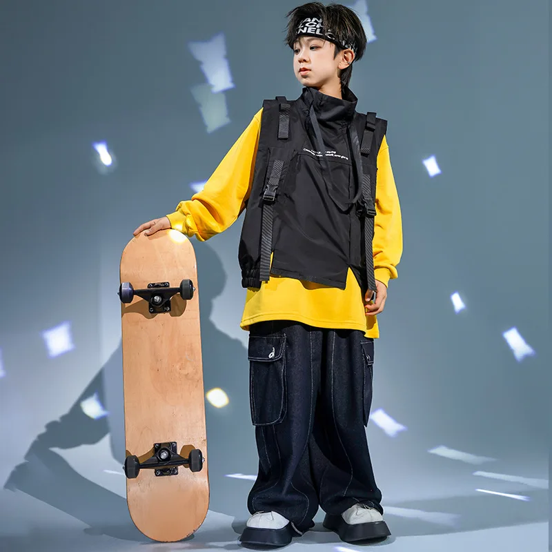 Boys Street Dance Hip Hop Outfit Jazz Modern Dance Costume Yellow Sweatshirt Black Vest Black Jeans Set Performance Rave Clothes