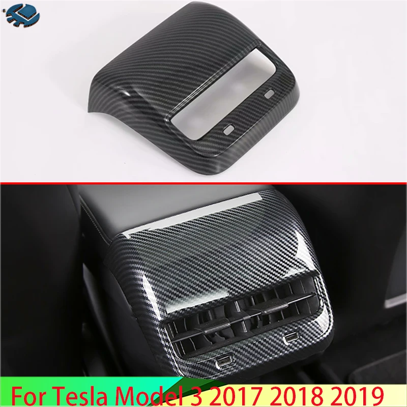 

For Tesla Model 3 2017-2022 Carbon Fiber Style Armrest Box Rear Air Vent Frame Trim Cover