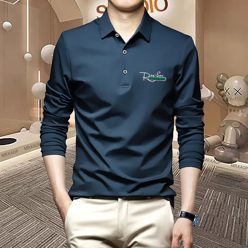 Men's Long Sleeve Polo Shirt Autumn New Double Sided Mercerized Cotton Down Lapel Collar Luxury Business Male Tops Clothing