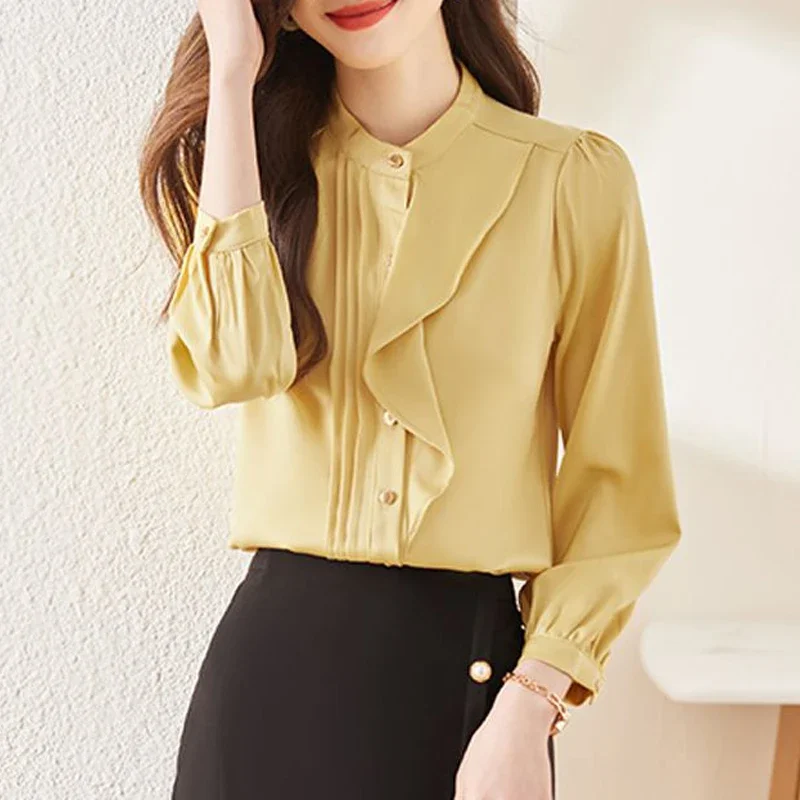 Women Ruffle Elegant Chic Button Up Shirt Fashion Stand Collar Office Lady Business Casual Blouse Solid Long Sleeve Tops Blusas