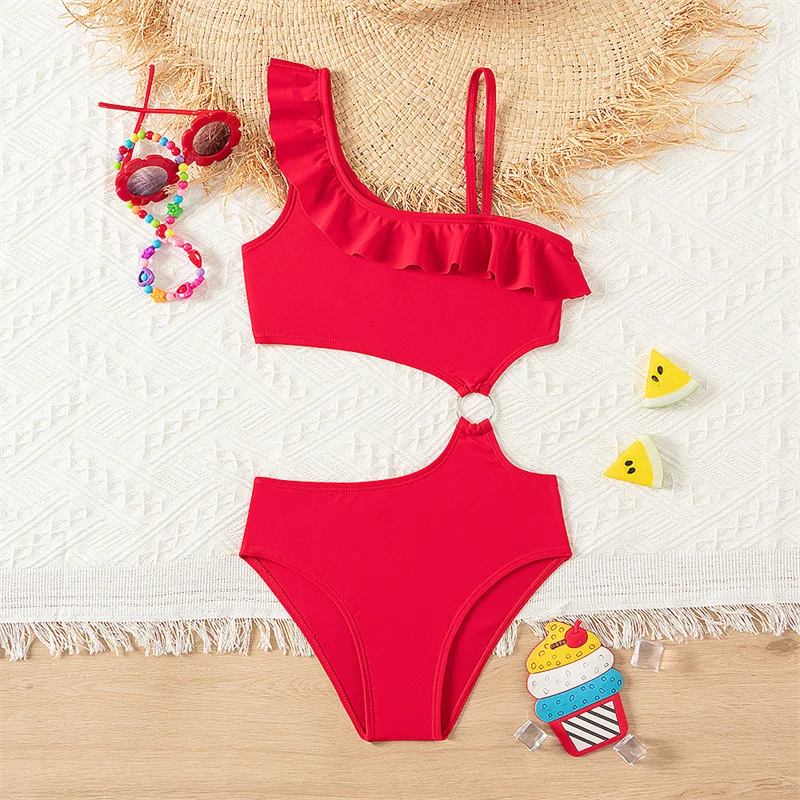 Bikini Girls Kids Swimsuits One Shoulder Ruffles Swimwear Solid Color Backless Bathing Suit