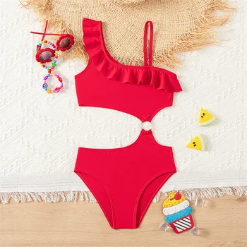 Bikini Girls Kids Swimsuits One Shoulder Ruffles Swimwear Solid Color Backless Bathing Suit