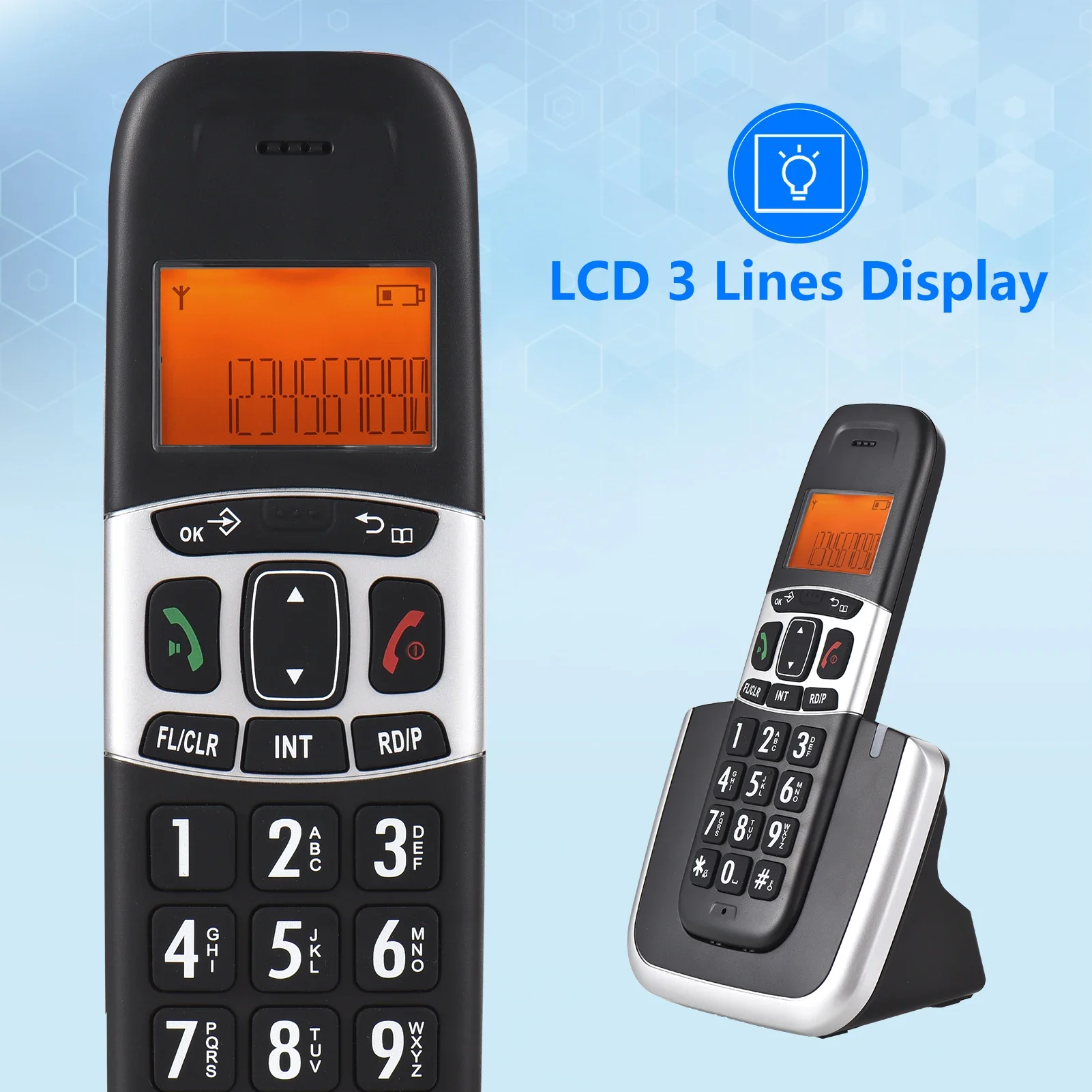 Phone System with 3 Lines Display Support 5 Handsets Connection Call Block Hands-free Calls 16 Languages